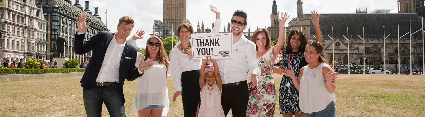 Young cancer patients Khianna and Brad outside Parliament with Celebrity ambassador Jake Humphrey and CLIC Sargent staff