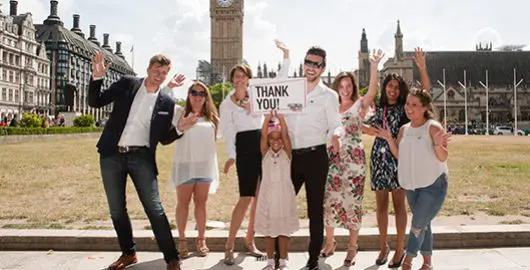 Young cancer patients Khianna and Brad outside Parliament with Celebrity ambassador Jake Humphrey and CLIC Sargent staff