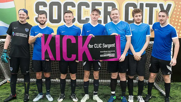 Staff from the Sir John Baker J D Wetherspoon pub in Portsmouth, who won the KICK for CLIC tournament