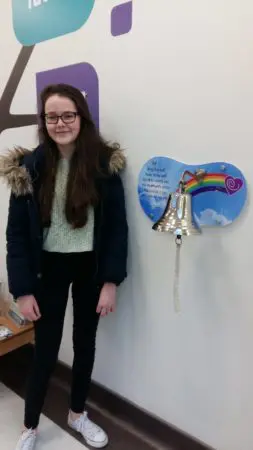 Sara on last day of radiotherapy in Clatterbridge in 2018 after ringing the bell