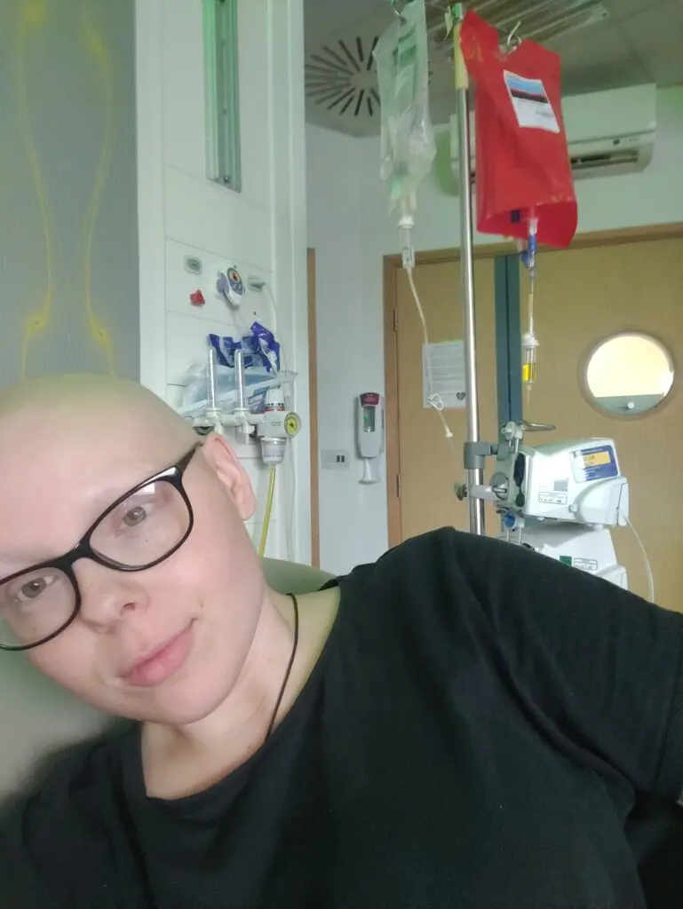 Young cancer patient Vic having chemotherapy at the hospital
