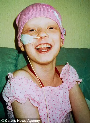 Sophie as a child when she was diagnosed with bone cancer. She is wearing a pink spotty nightie and a pink hat. There is a feeding tube running to her nose and she is smiling.