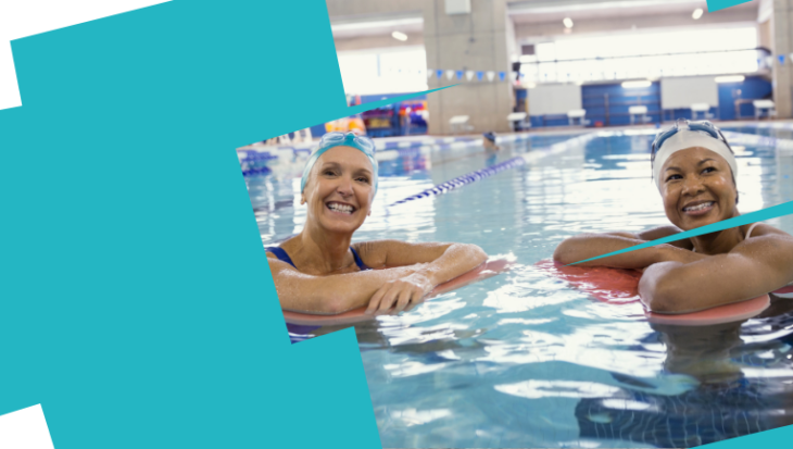 Swim 5k in May web banner. Blue background with image of two women in pool, smiling at the camera