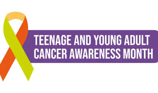A yellow and orange ribbon is next to the words 'Teenage and Young Adult Cancer Awareness Month' in white with a purple background