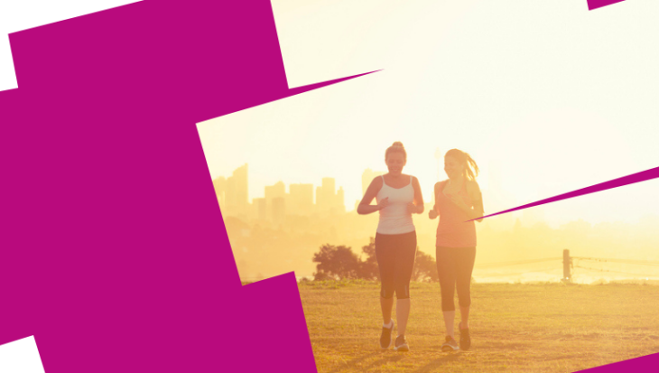 Web banner. Plum dashboard with background of 2 women running in a field with sunlight behind them