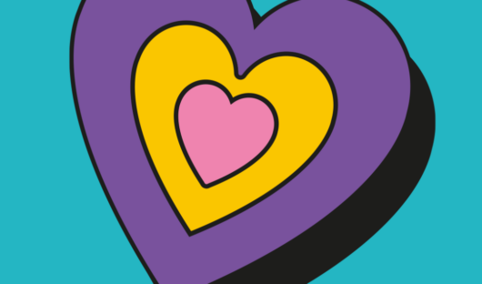 Teal background with a picture of a heart in purple, yellow and pink.