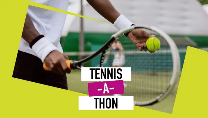Close-up of a tennis player’s hands preparing to serve, holding a racket in one hand and a tennis ball in the other. The player is wearing a white shirt and wristbands.