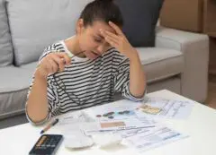 Woman with head in hands looking at bills