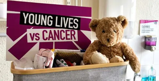 A cuddly teddy in a box of laundry supplies at CLIC House