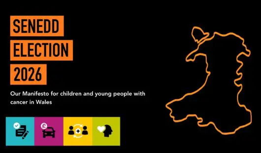 Graphic showing a map of Wales with text that reads Senedd election 2026. Our manifesto for children and young people with cancer in Wales.