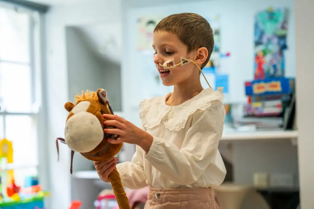A child in a playroom playing with a toy horse