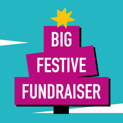 A logo for the big festive fundraiser in the shape of a Christmas tree with a yellow star at the top on a teal background.