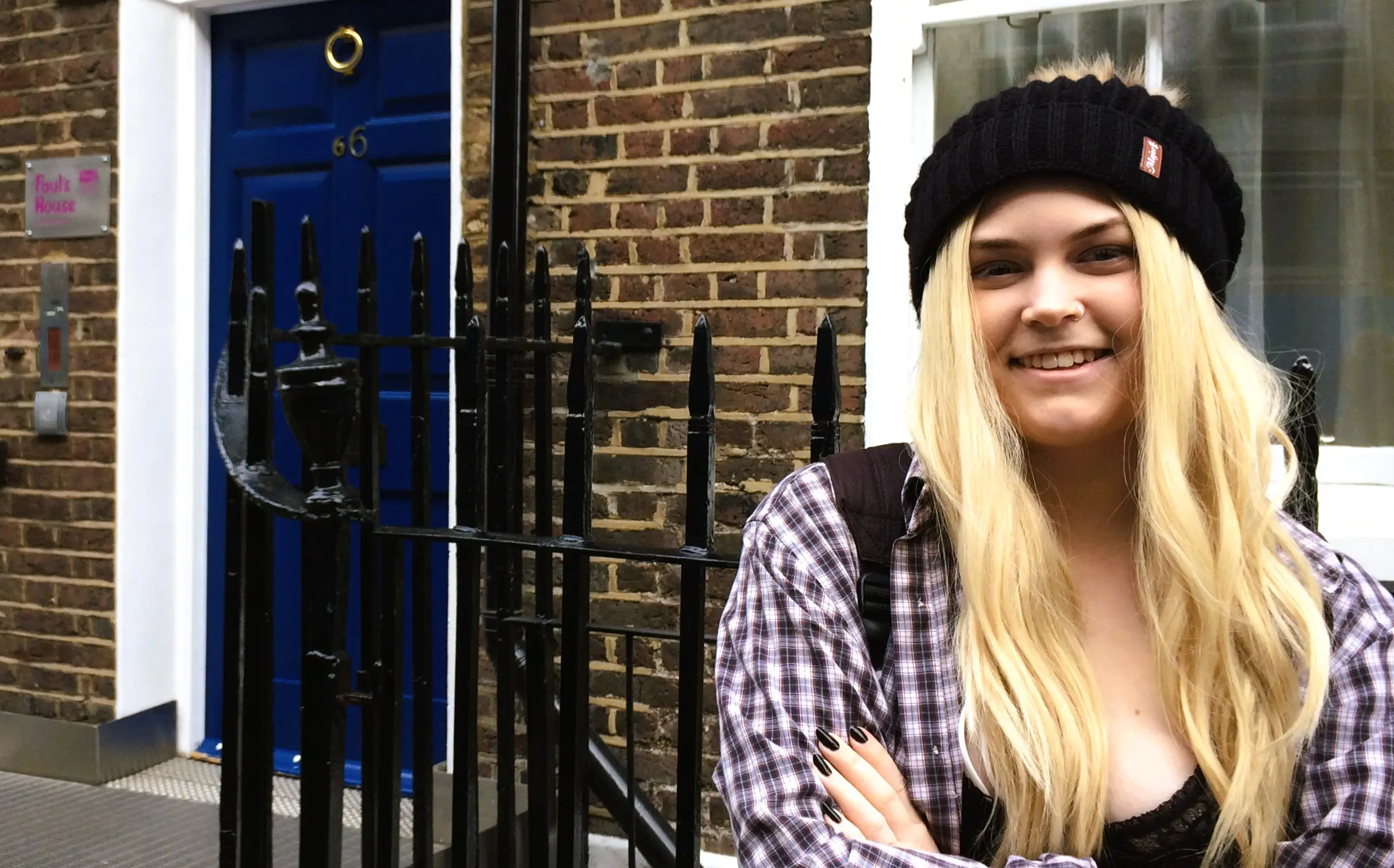 After treatment, Megan outside Paul's House in London