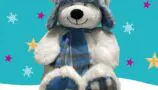 A white bear wearing a grey hat and blue scarf
