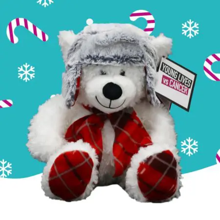 A white bear with a grey hat and red tartan scarf