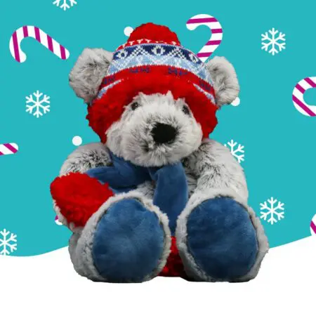 A grey bear wearing a blue scarf and a blue and red hat