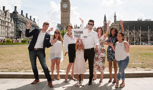 Young cancer patients Khianna and Brad outside Parliament with Celebrity ambassador Jake Humphrey and CLIC Sargent staff